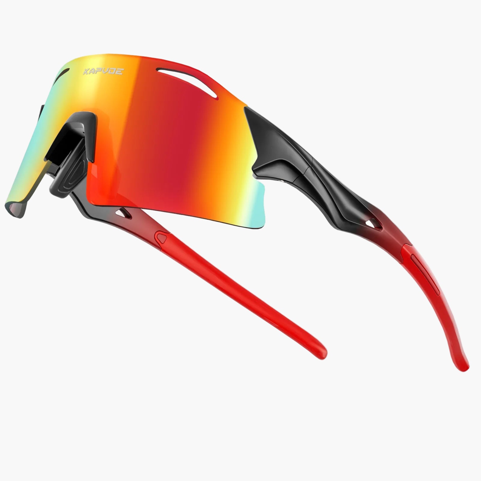 Sunglasses with red and orange reflective lenses on a white background