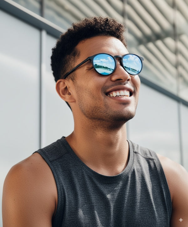 Man wearing sunglasses with reflective lenses, standing indoors.