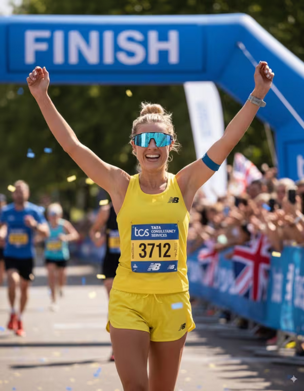 Woman in yellow running outfit celebrating at the finish line with 'FINISH' sign and spectators in the background.