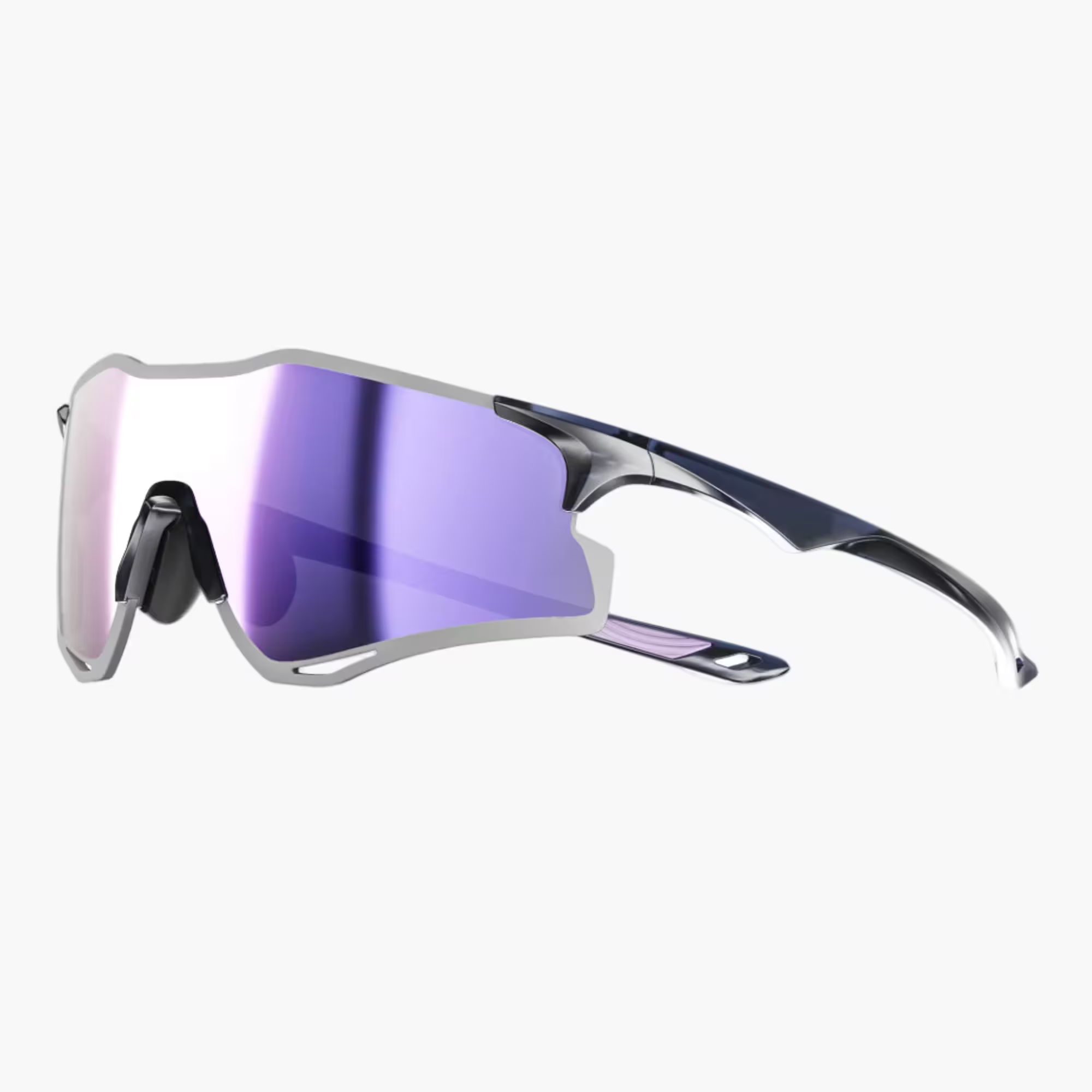 Sunglasses with purple lenses and silver frame on a white background