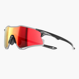 Sunglasses with red reflective lenses and black frame on a white background