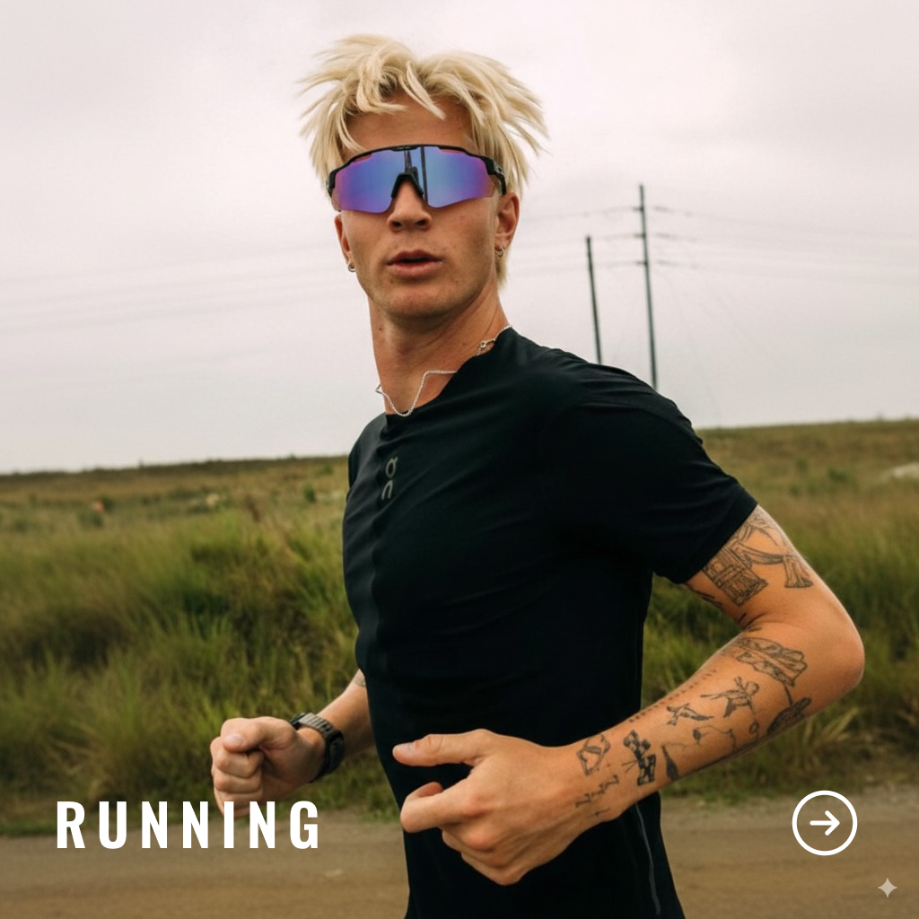 Man running outdoors with sunglasses on, wearing a black shirt.