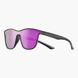 Sunglasses with black frame and purple lenses on a white background