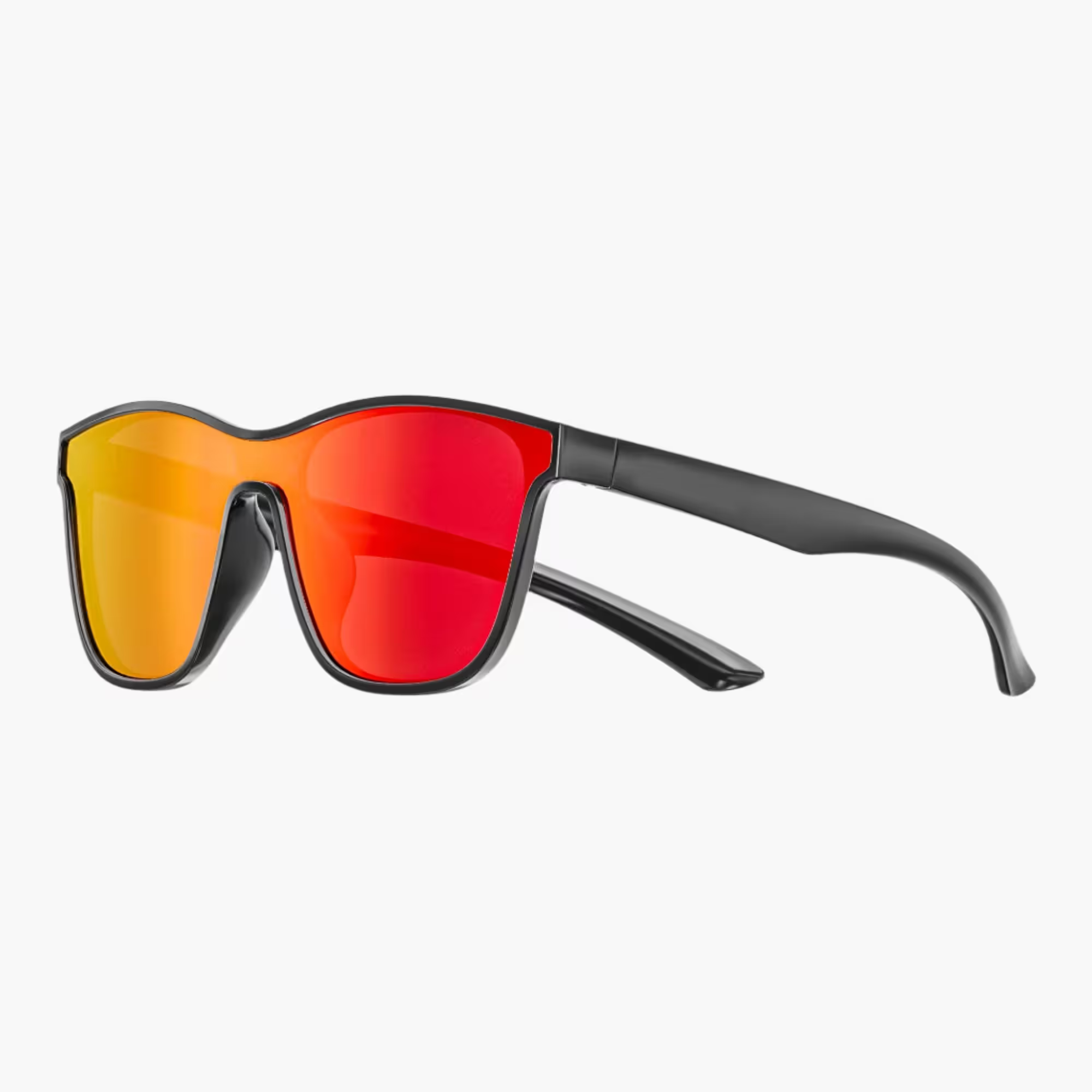 Sunglasses with black frame and red-orange lenses on a white background
