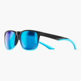 Sunglasses with blue reflective lenses and black frame on a white background