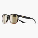 Sunglasses with black frame and reflective lenses on a white background, featuring the UNBOUND brand.