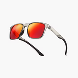 Sunglasses with red lenses and black arms on a white background