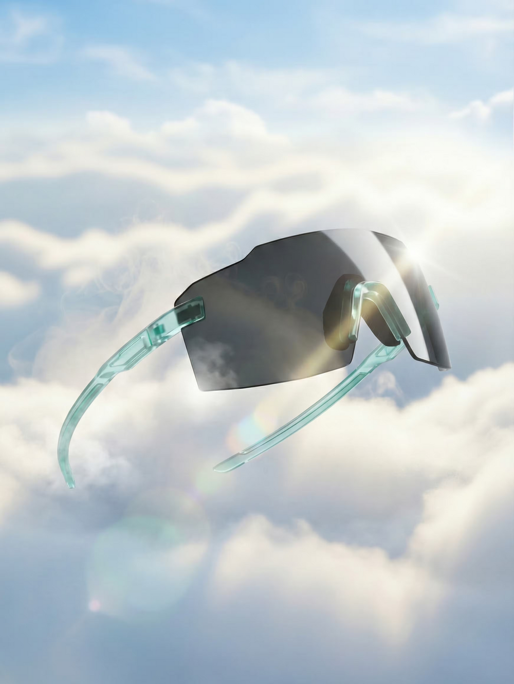 Sunglasses with teal frame and reflective lenses against a cloudy sky